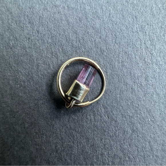 ♥️SOLD 14k solid gold rustic pink tourmaline raw terminated cap hoop earring c - Picture 6 of 9